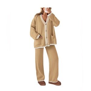 Tan Knit Cardigan and Pants Set